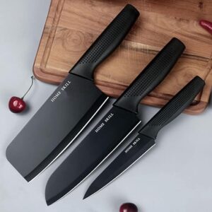 HOME SKILL® Professional Kitchen Knife Set, Stainless Steel, 3 Pieces, Non-Slip Ergonomic Handle, Sharp, Manual Sharpening, Black